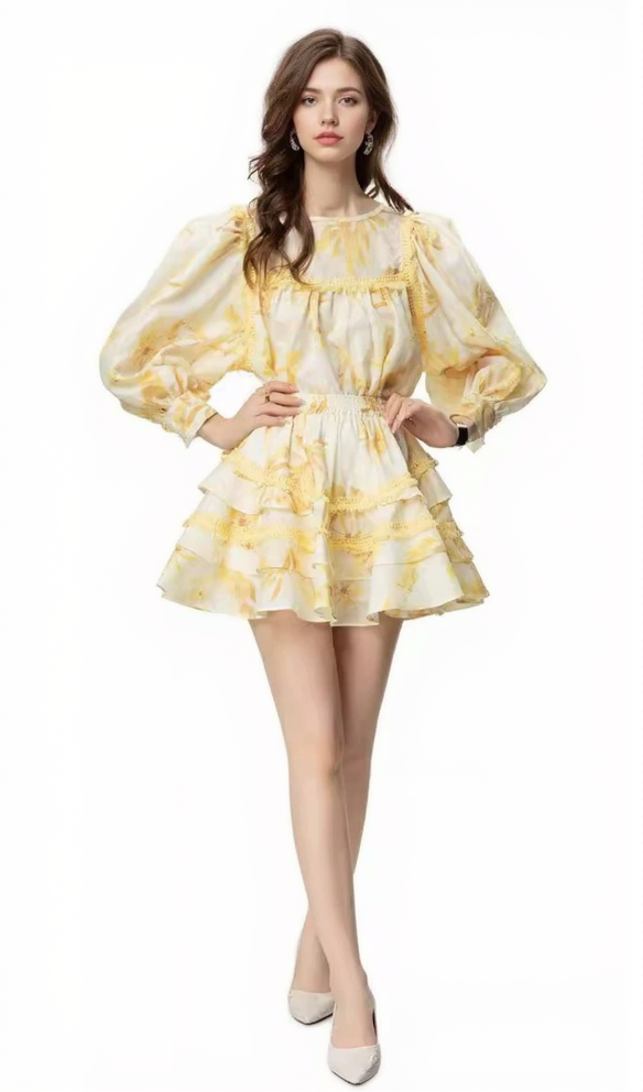AIIZIE MABEL LAYER TRIM PRINT LANTERN SLEEVE MINI DRESS IN YELLOW - product image