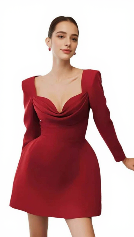 BRIANNA SQUARE-NECK A-LINE MINI DRESS IN RED