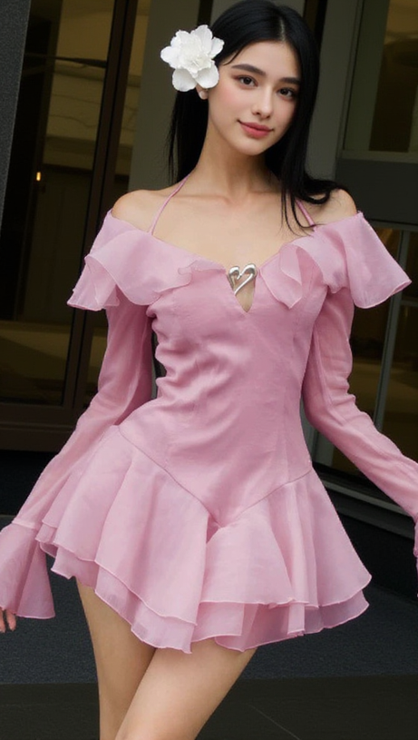BRANDEE PINK LONG SLEEVE RUFFLE HEM MINI DRESS