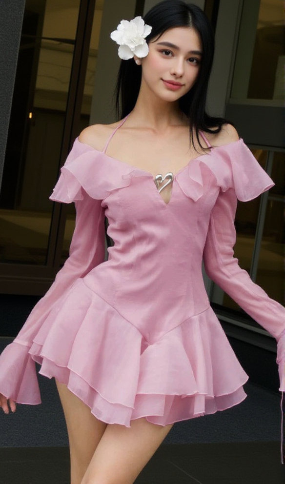 AIIZIE BRANDEE PINK LONG SLEEVE RUFFLE HEM MINI DRESS - product image