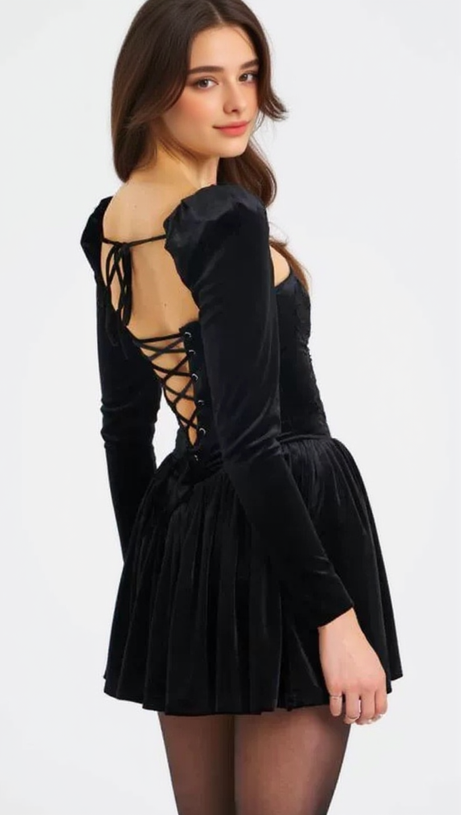 YOLANDA BLACK VELVET LONG SLEEVE MINI DRESS WITH LACE TRIM