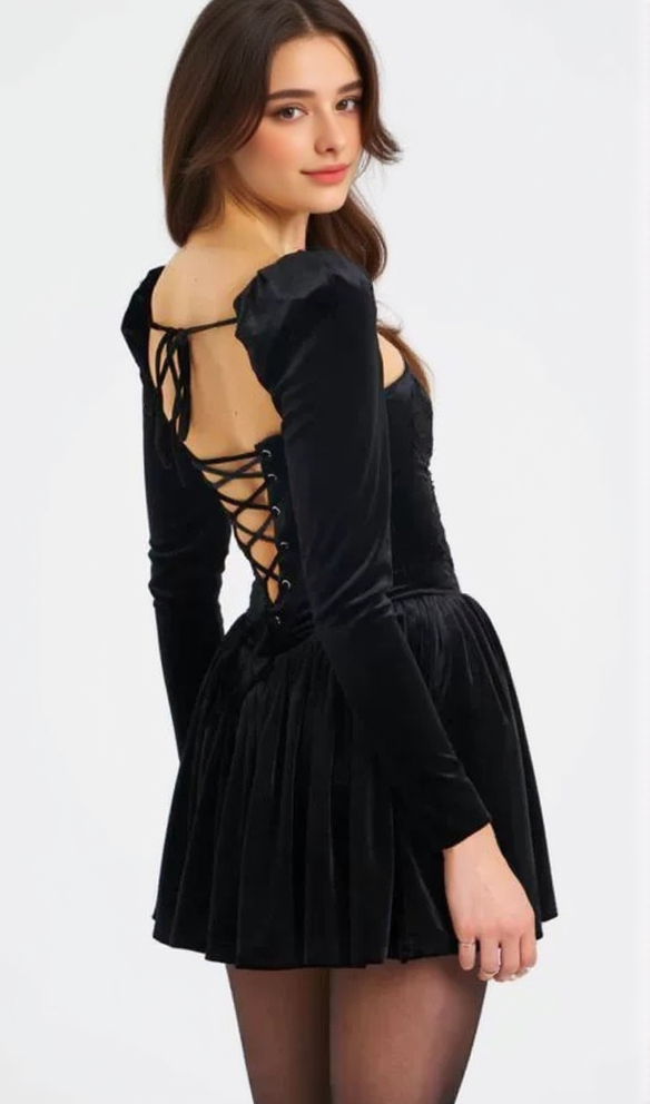 AIIZIE YOLANDA BLACK VELVET LONG SLEEVE MINI DRESS WITH LACE TRIM - product image