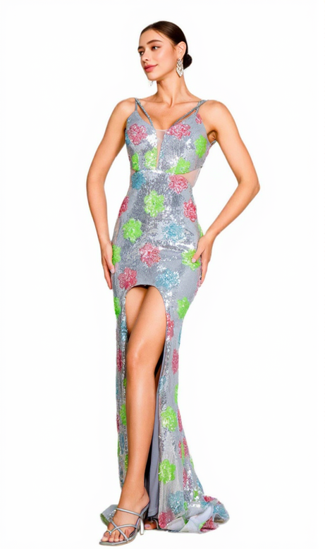 multicolor floral embellished silver sequin maxi dress
