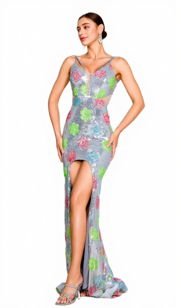 MULTICOLOR FLORAL EMBELLISHED SILVER SEQUIN MAXI DRESS