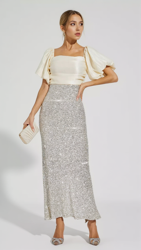 MARIA APRICOT BOW SEQUINS EMBELLISHED MAXI DRESS