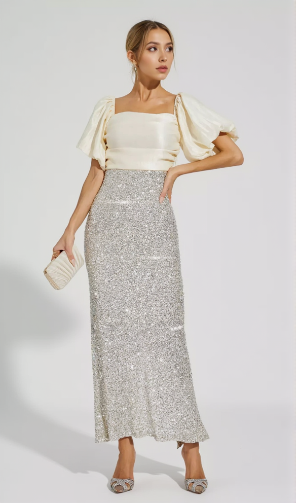 MARIA APRICOT BOW SEQUINS EMBELLISHED MAXI DRESS