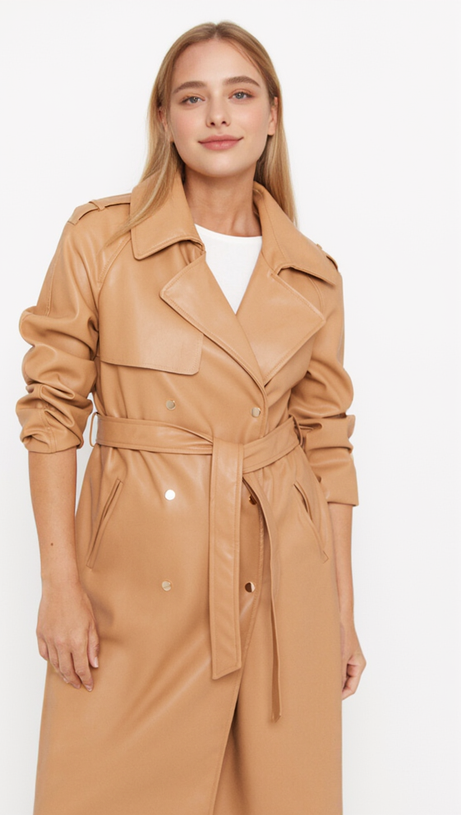 FAUX LEATHER DOUBLE-BREASTED COAT IN BROWN YELLOW