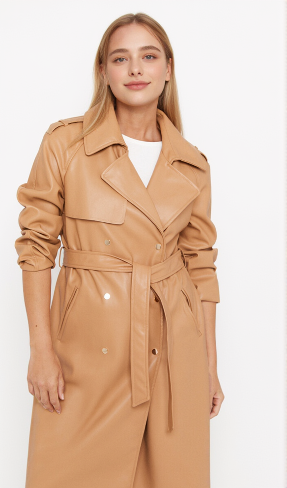 AIIZIE FAUX LEATHER DOUBLE-BREASTED COAT IN BROWN YELLOW - product image