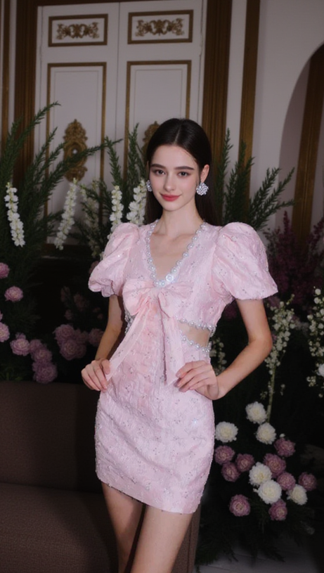 POPPY DIAMOND BUBBLE SLEEVED V-NECK DRESS IN PINK