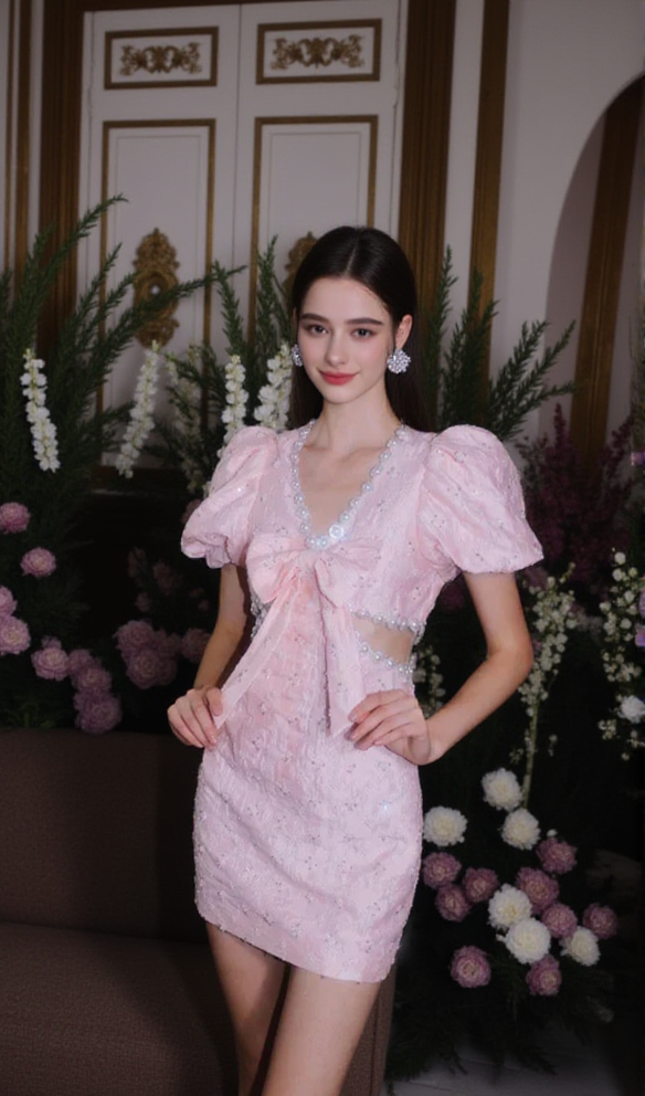 POPPY DIAMOND – Kleid mit Puffärmeln und V-Ausschnitt in Pink