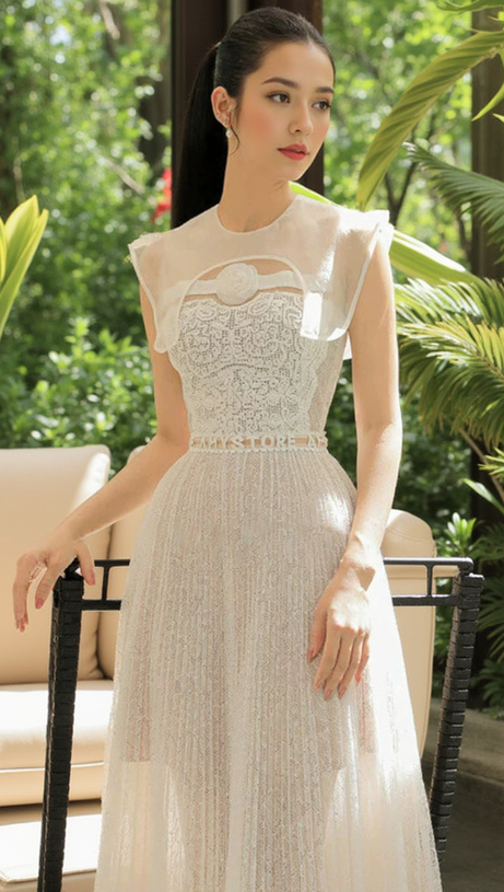 CREW NECK PLAIN PLEATED FLOWER LACE MIDI DRESS