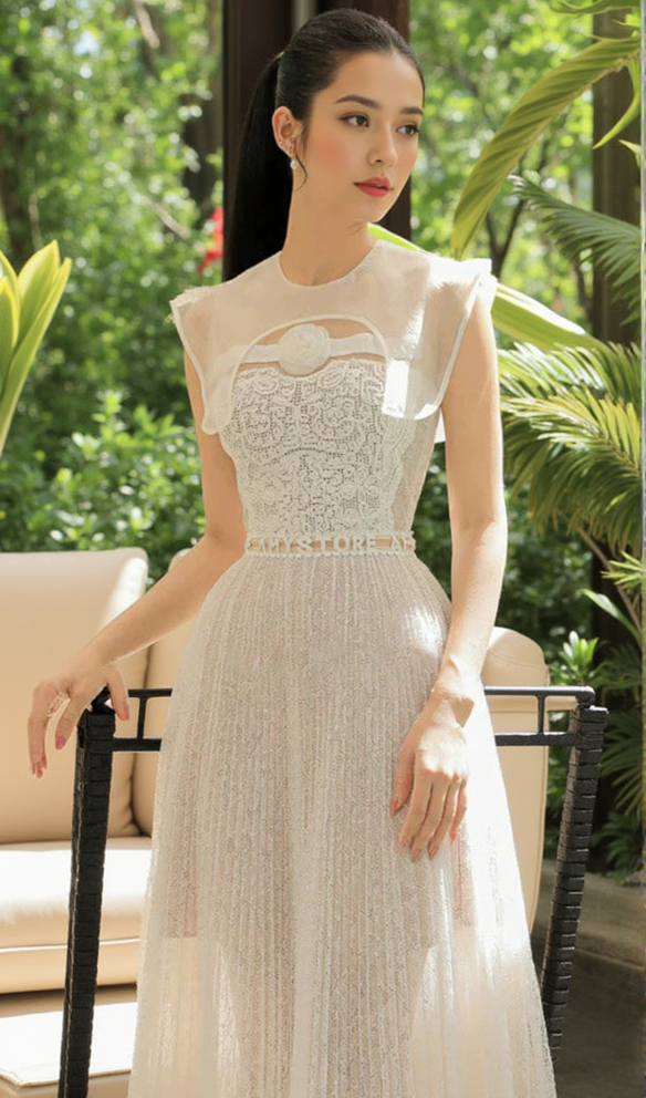 AIIZIE CREW NECK PLAIN PLEATED FLOWER LACE MIDI DRESS - product image