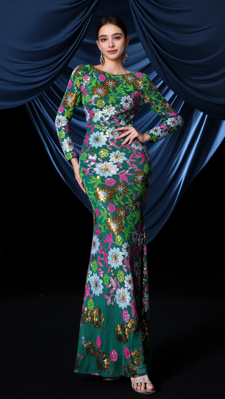 SEQUIN ROUND NECK LONG SLEEVE MAXI DRESS IN GREEN