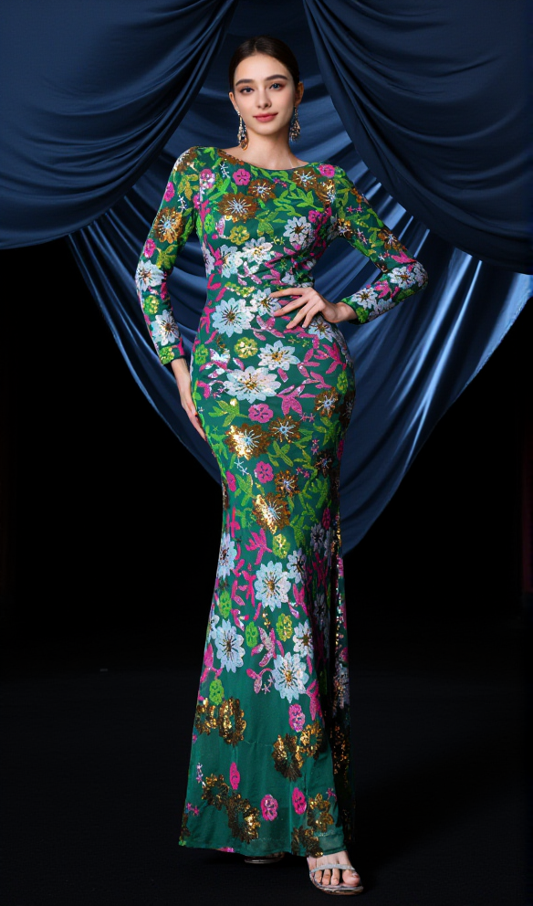AIIZIE SEQUIN ROUND NECK LONG SLEEVE MAXI DRESS IN GREEN - product image