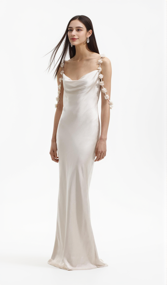 CHAMPAGNE SATIN FLOWER MAXI DRESS