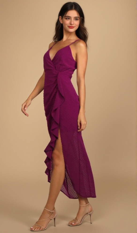 DOT RUFFLED MIDI DRESS IN MAGENTA