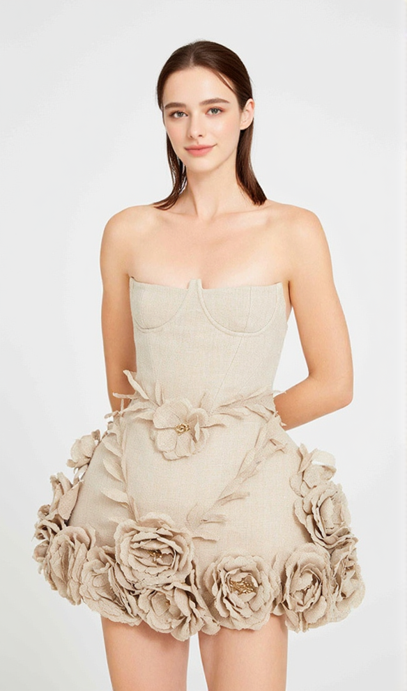 SALOME BEIGE LINEN CORSET FLOWER DETAILS MINI DRESS