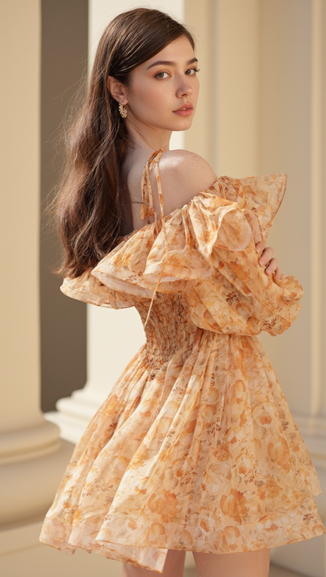 ANNA PRINTED RUFFLE TRIM MINI DRESS IN ORANGE