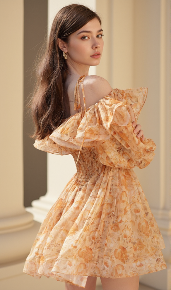 AIIZIE ANNA PRINTED RUFFLE TRIM MINI DRESS IN ORANGE - product image