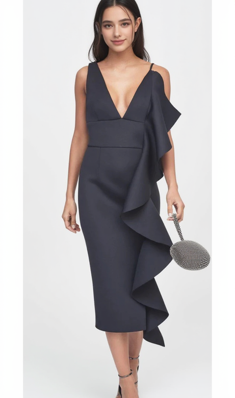 ASYMMETRIC DRAPED FRILL SCUBA DRESS