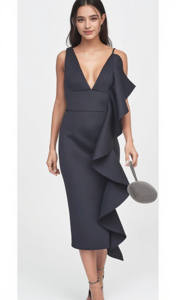 ASYMMETRIC DRAPED FRILL SCUBA DRESS