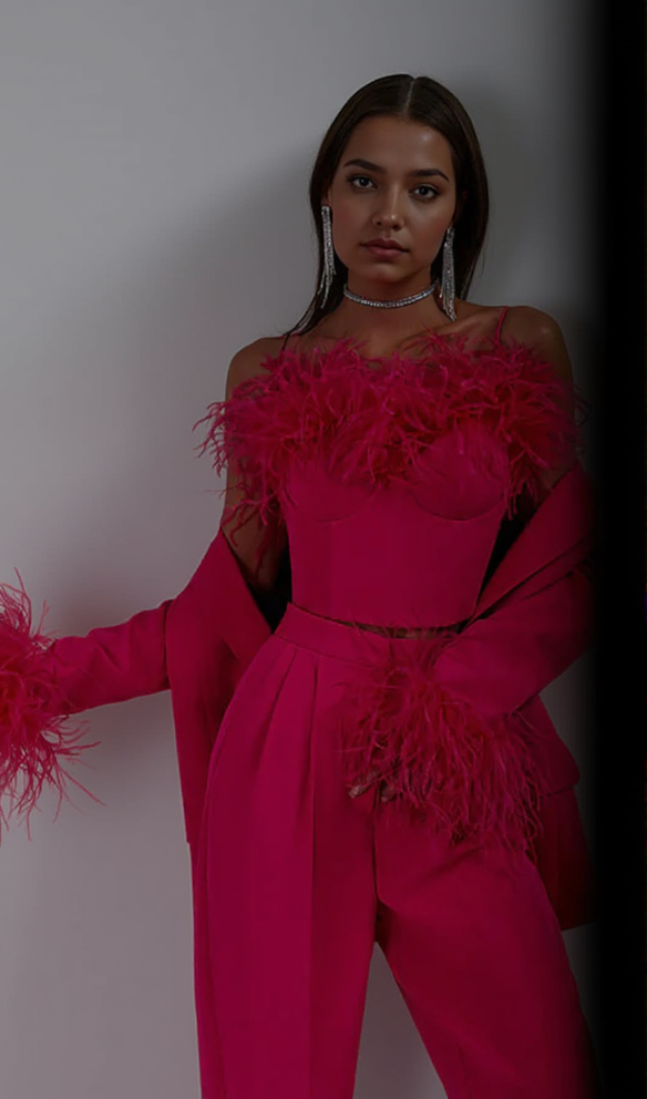 AIIZIE IRMA FEATHER TRIM BLAZER SUITS IN ROSE RED - product image