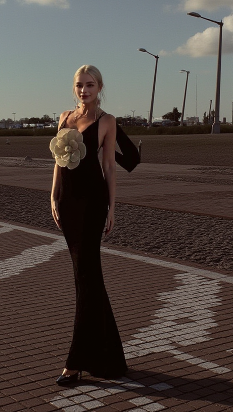 HARRIET GOLD 3D FLOWER BODYCON BLACK MAXI DRESS