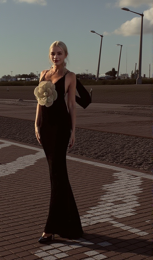 AIIZIE HARRIET GOLD 3D FLOWER BODYCON BLACK MAXI DRESS - product image