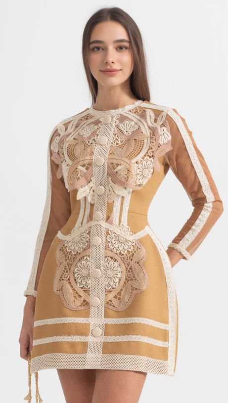 HOLLOW LACE PEPLUM MINI DRESS IN YELLOW