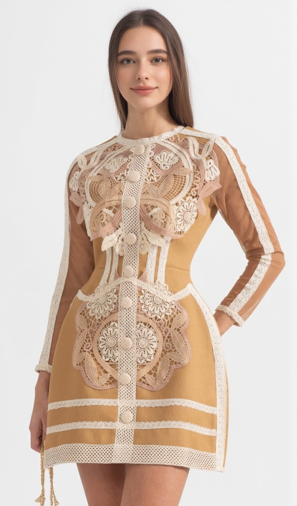 HOLLOW LACE PEPLUM MINI DRESS IN YELLOW