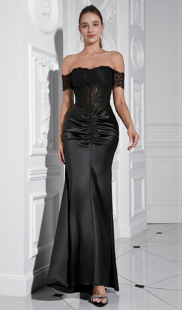 AIIZIE HELEN OFF-SHOULDER LACE RUCHED BODYCON BLACK MAXI DRESS - product image