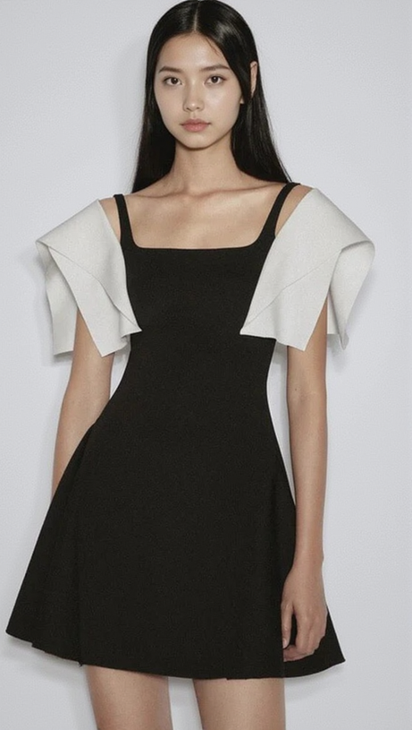 BARBARA BLACK SQUARE NECK MINI DRESS WITH WHITE SHOULDER