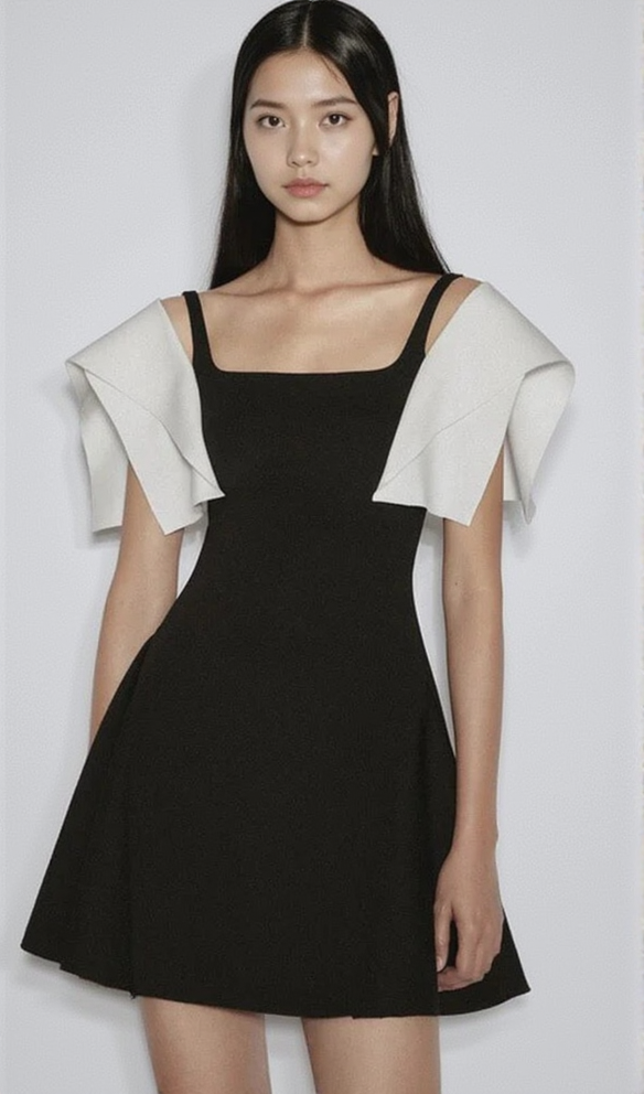 BARBARA BLACK SQUARE NECK MINI DRESS WITH WHITE SHOULDER