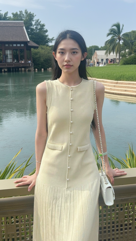 SALOME BEADED TRIM SLEEVELESS KNIT APRICOT MIDI DRESS