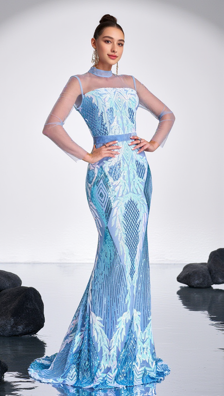 STAND COLLAR MERMAID MAXI DRESS IN LIGHT BLUE