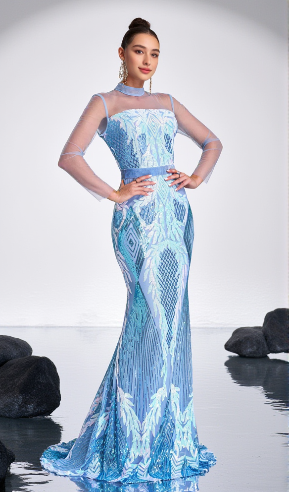 AIIZIE STAND COLLAR MERMAID MAXI DRESS IN LIGHT BLUE - product image