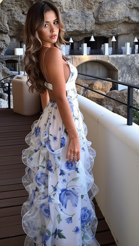 BELINDA BLUE FLORAL VERTICAL RUFFLE TRIM MAXI DRESS