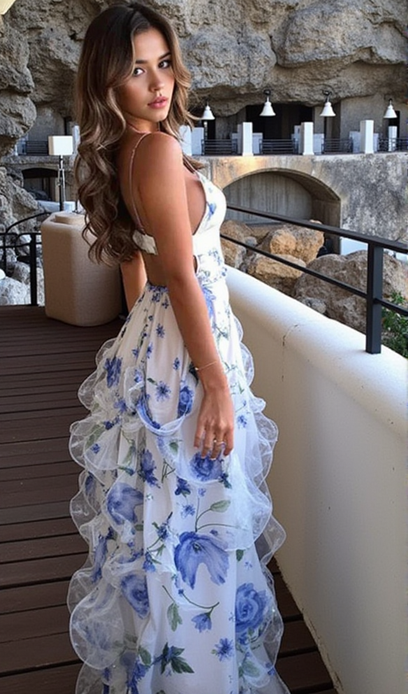 AIIZIE BELINDA BLUE FLORAL VERTICAL RUFFLE TRIM MAXI DRESS - product image