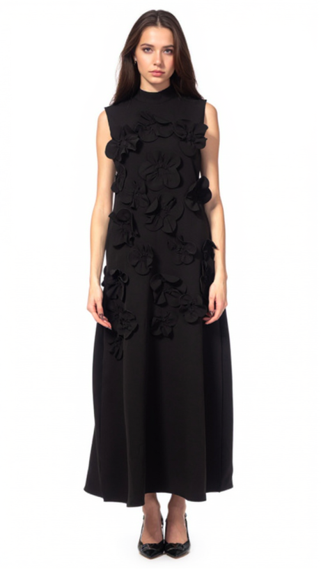 ANNONA BLACK FLOWER EMBELLISHED MAXI DRESS
