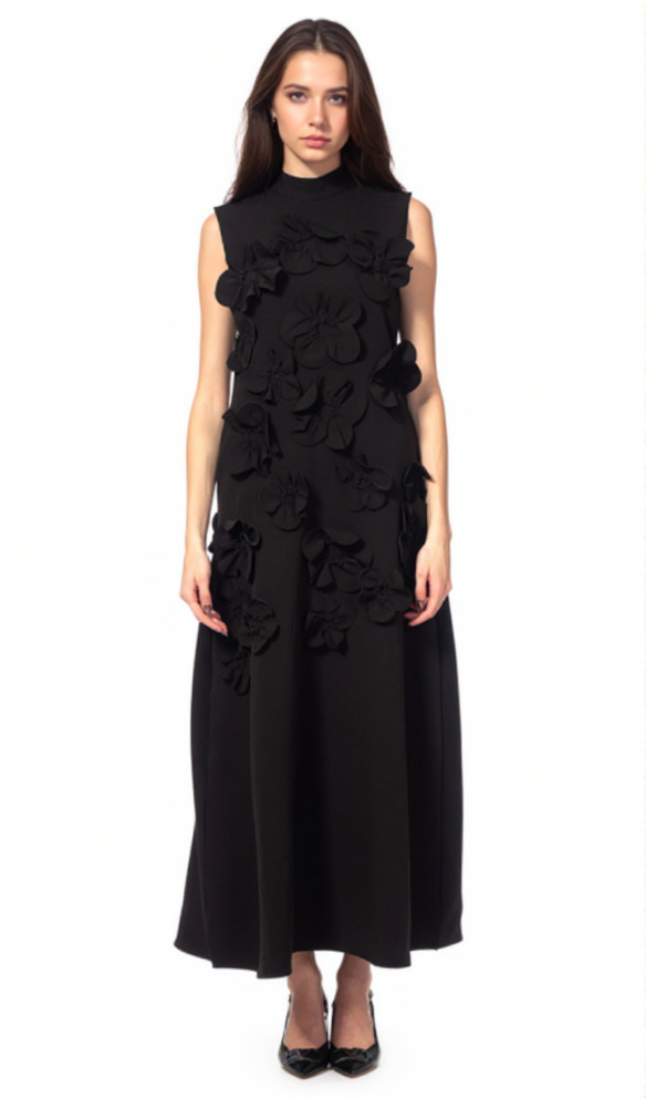 ANNONA BLACK FLOWER EMBELLISHED MAXI DRESS