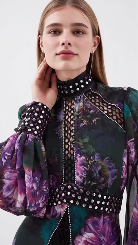 MULTICOLOR STUDDED FLORAL LACE MAXI DRESS