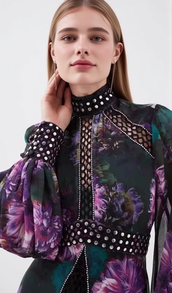 MULTICOLOR STUDDED FLORAL LACE MAXI DRESS