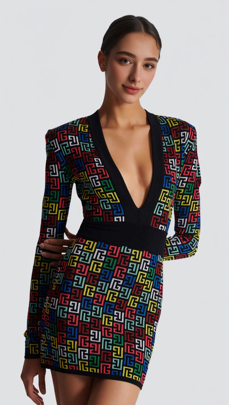 QUANNA MULTICOLOR MONOGRAM KNIT MINI DRESS