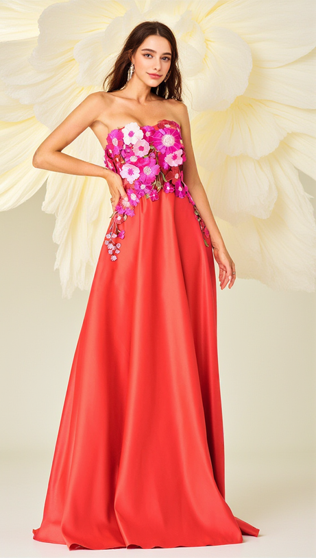 EMBROIDERED FLORAL STRAPLESS A-LINE MAXI DRESS IN RED