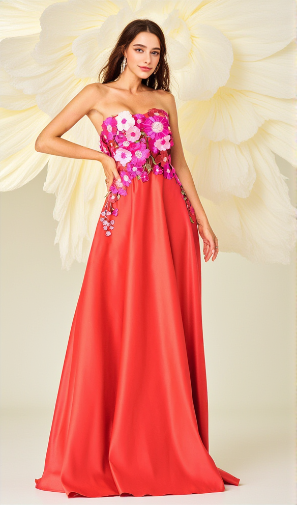 AIIZIE EMBROIDERED FLORAL STRAPLESS A-LINE MAXI DRESS IN RED - product image