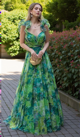 NATIVIDAD FLORAL PRINT TULLE A-LINE GREEN MAXI DRESS