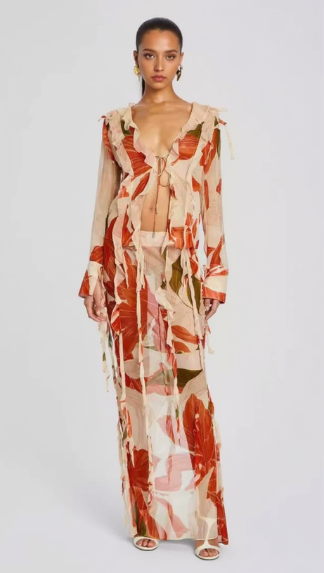 GLORIA PRINTED CUT OUT RUFFLE TRIM SKIRT SUIT