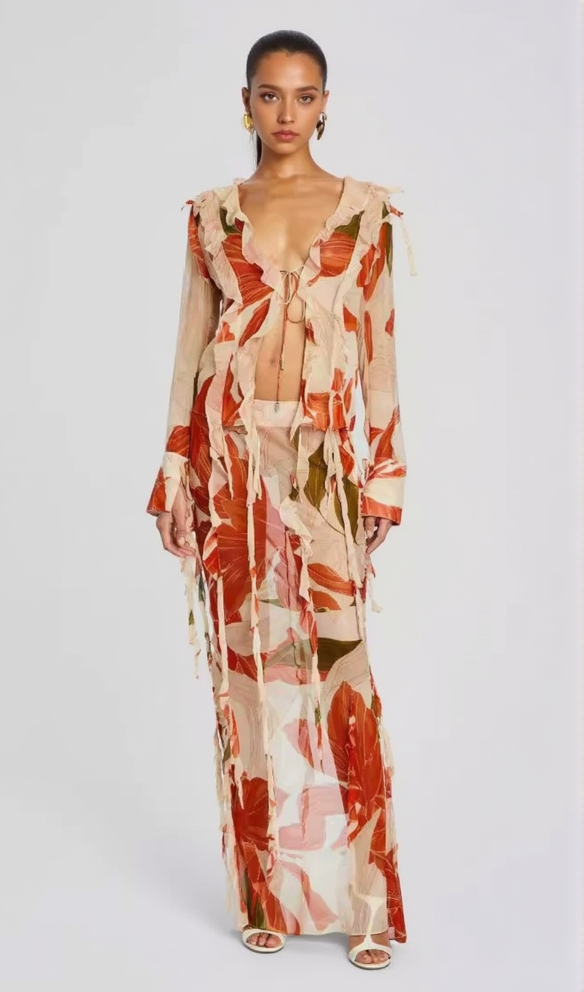 AIIZIE GLORIA PRINTED CUT OUT RUFFLE TRIM SKIRT SUIT - product image