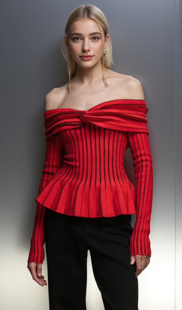 ESTHER KNIT STRIPE RUCHED OFF-SHOULDER TOP