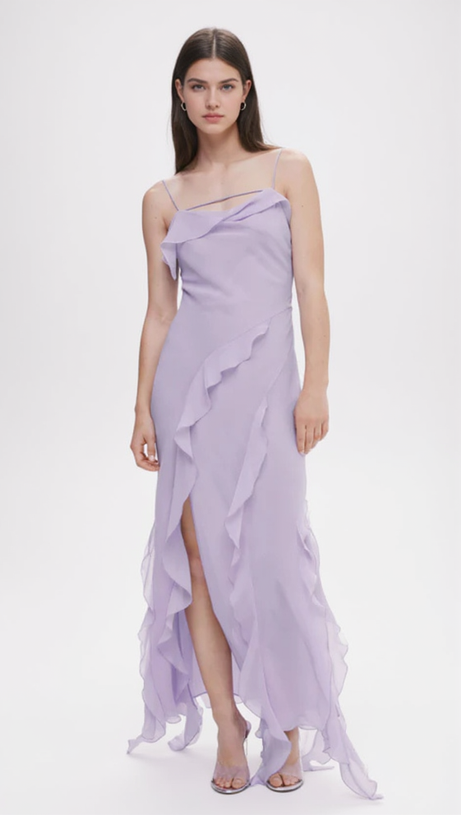RUFFLED SLIT DETAIL MAXI DRESS IN BLUE
